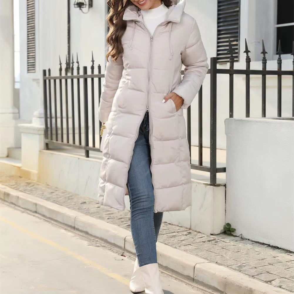 Women Winter down Coat Thick Padded Hooded Neck Cotton Coat Long Style Drawstring Zipper Closure Lady Cotton Jacket