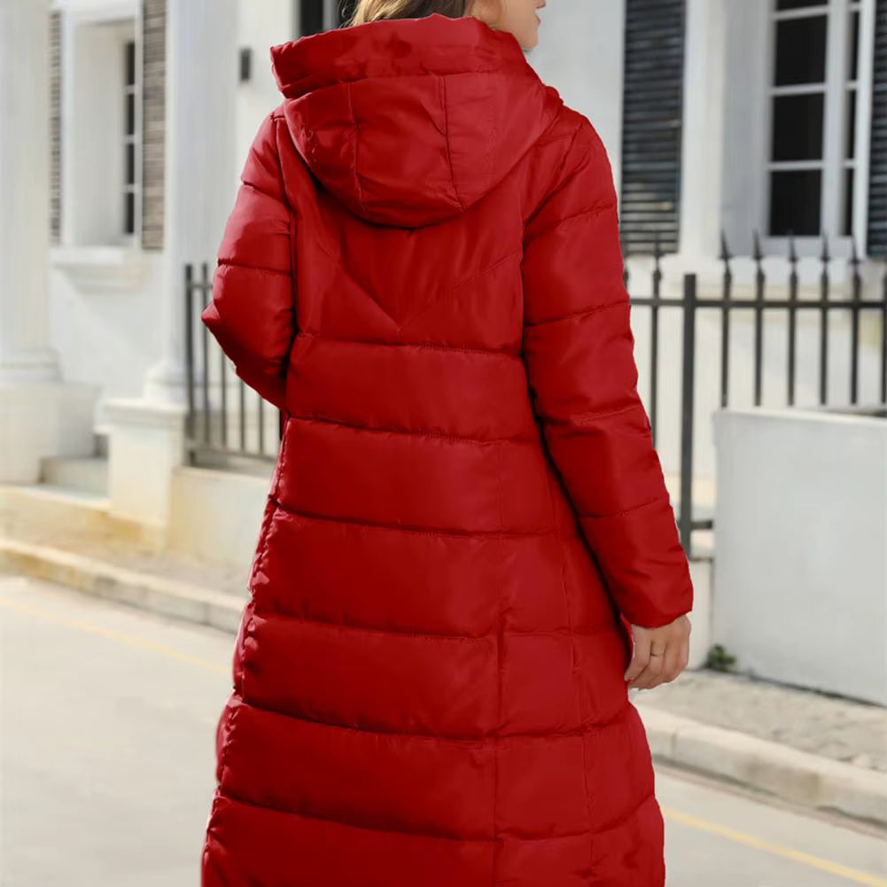 Women Winter down Coat Thick Padded Hooded Neck Cotton Coat Long Style Drawstring Zipper Closure Lady Cotton Jacket