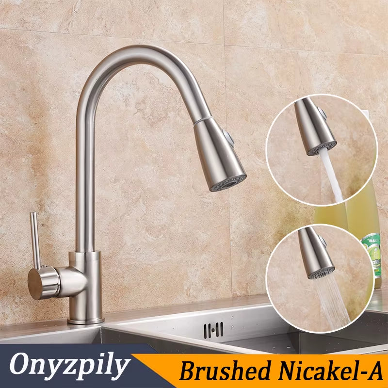 Brushed Nickel Mixer Faucet Single Hole Pull Out Spout Kitchen Sink Mixer Tap Stream Sprayer Head Chrome/Black Kitchen