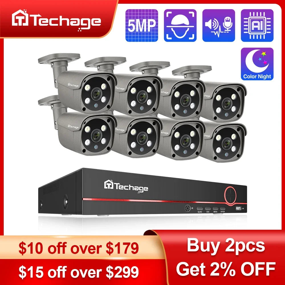 8CH 5MP HD POE CCTV Security Camera System Home Video Surveillance NVR Kit Face Detection Outdoor IP Camera Set Xmeye