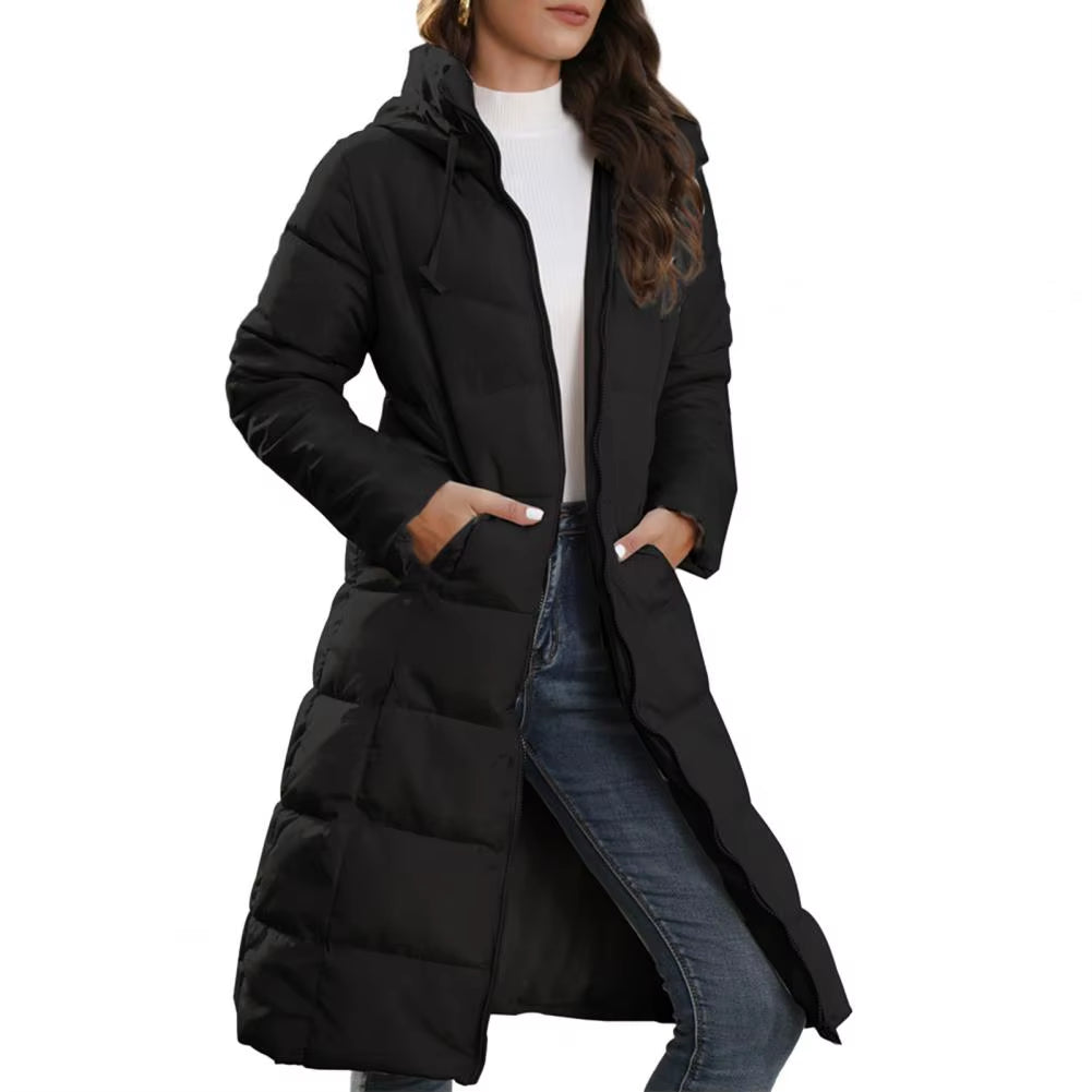 Women Winter down Coat Thick Padded Hooded Neck Cotton Coat Long Style Drawstring Zipper Closure Lady Cotton Jacket