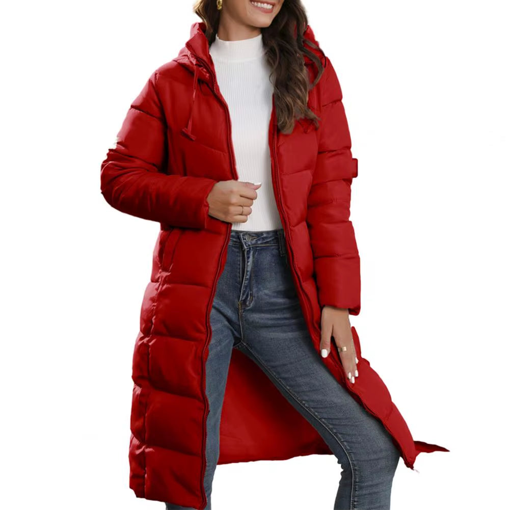 Women Winter down Coat Thick Padded Hooded Neck Cotton Coat Long Style Drawstring Zipper Closure Lady Cotton Jacket