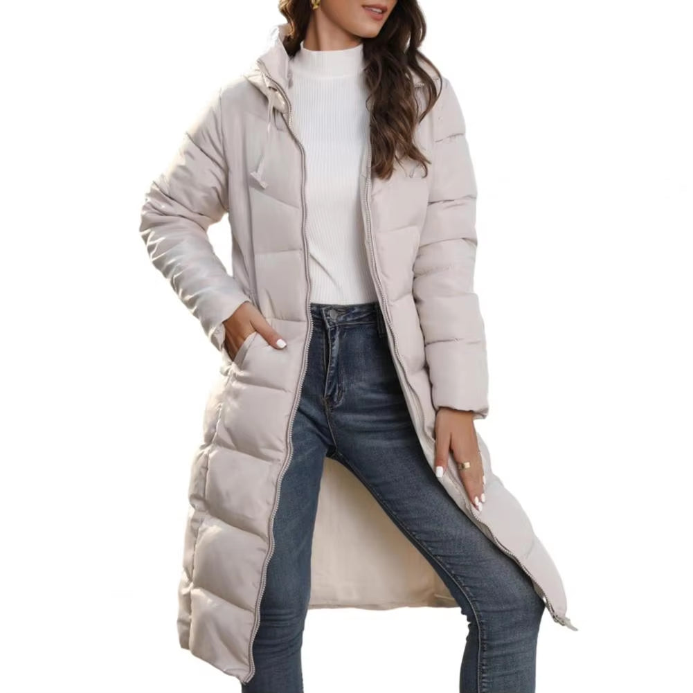 Women Winter down Coat Thick Padded Hooded Neck Cotton Coat Long Style Drawstring Zipper Closure Lady Cotton Jacket