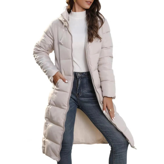 Women Winter down Coat Thick Padded Hooded Neck Cotton Coat Long Style Drawstring Zipper Closure Lady Cotton Jacket