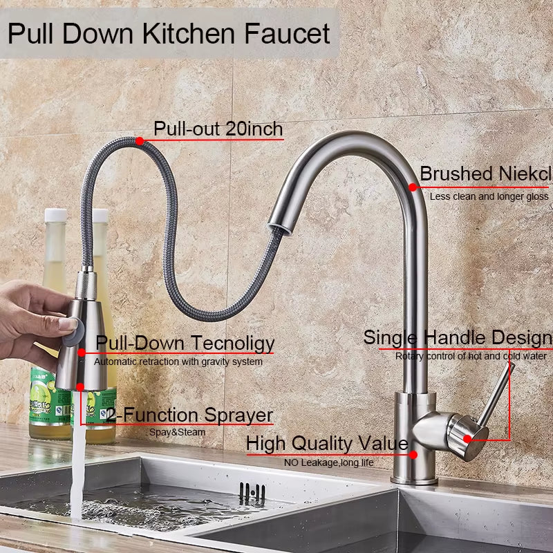 Brushed Nickel Mixer Faucet Single Hole Pull Out Spout Kitchen Sink Mixer Tap Stream Sprayer Head Chrome/Black Kitchen