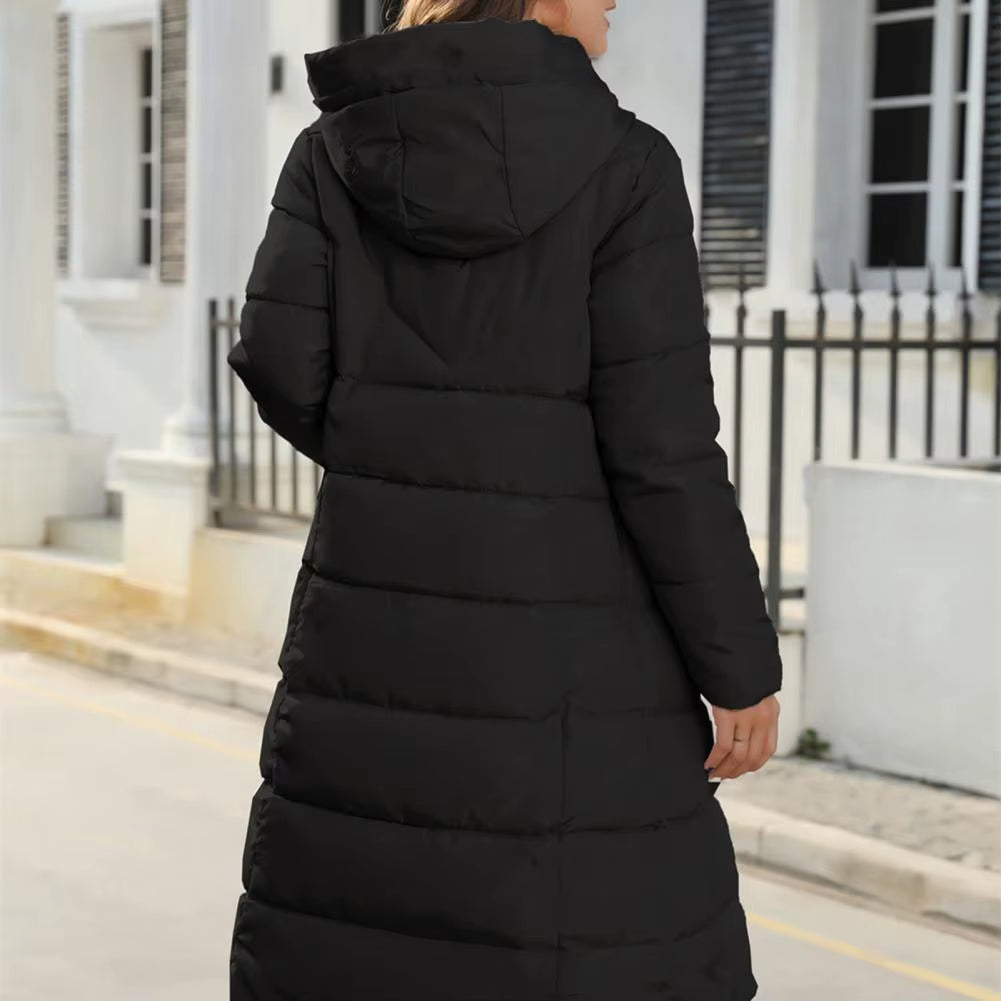 Women Winter down Coat Thick Padded Hooded Neck Cotton Coat Long Style Drawstring Zipper Closure Lady Cotton Jacket