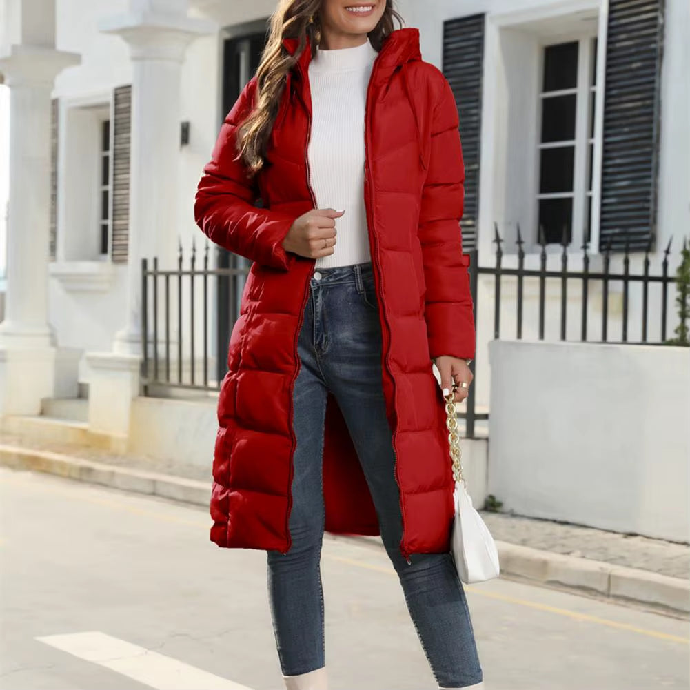 Women Winter down Coat Thick Padded Hooded Neck Cotton Coat Long Style Drawstring Zipper Closure Lady Cotton Jacket