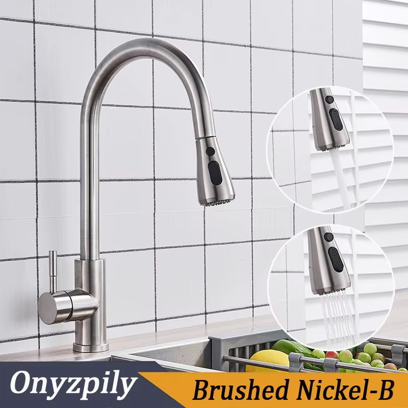 Brushed Nickel Mixer Faucet Single Hole Pull Out Spout Kitchen Sink Mixer Tap Stream Sprayer Head Chrome/Black Kitchen