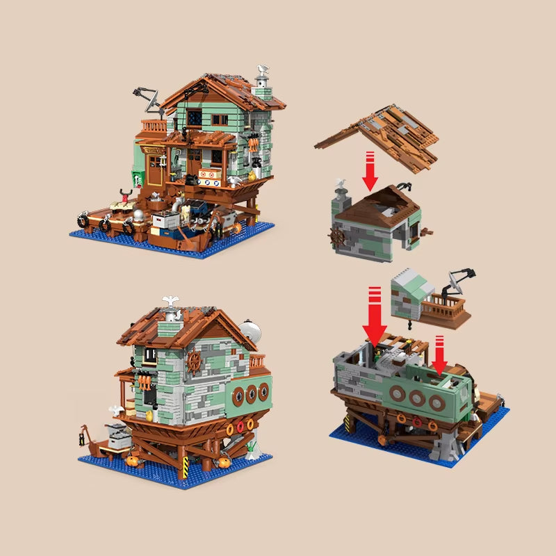 2100PCS Fisherman'S Wharf Building Block Tree House Model Seaside Street View Boat Transportation Toys Children Holiday Gifts